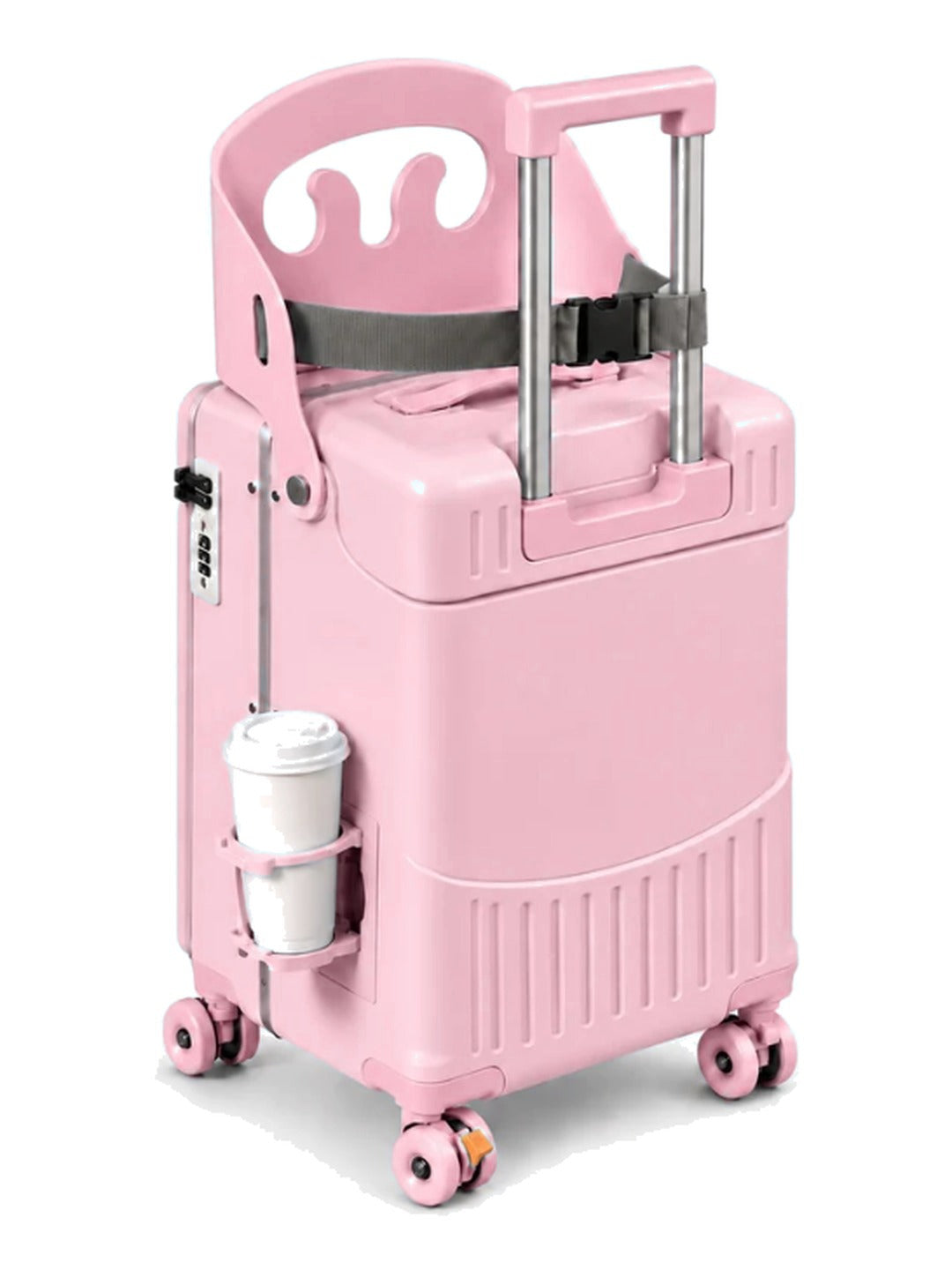 Rolli ride-on suitcase in pink with the seat folded out