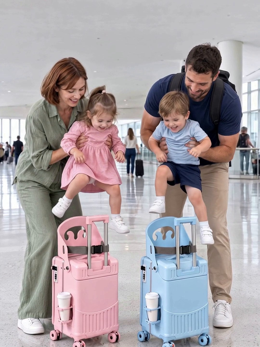 Two toddlers sitting on pink and blue Rolli suitcases at the airport
