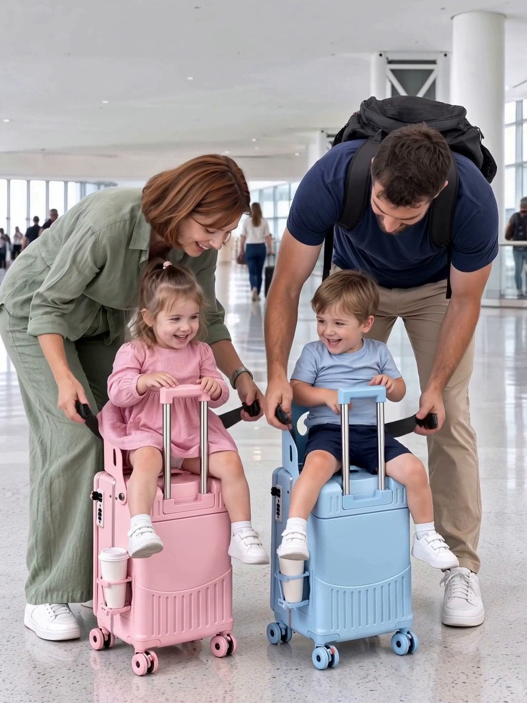 Parents buckling their children into Rolli seats