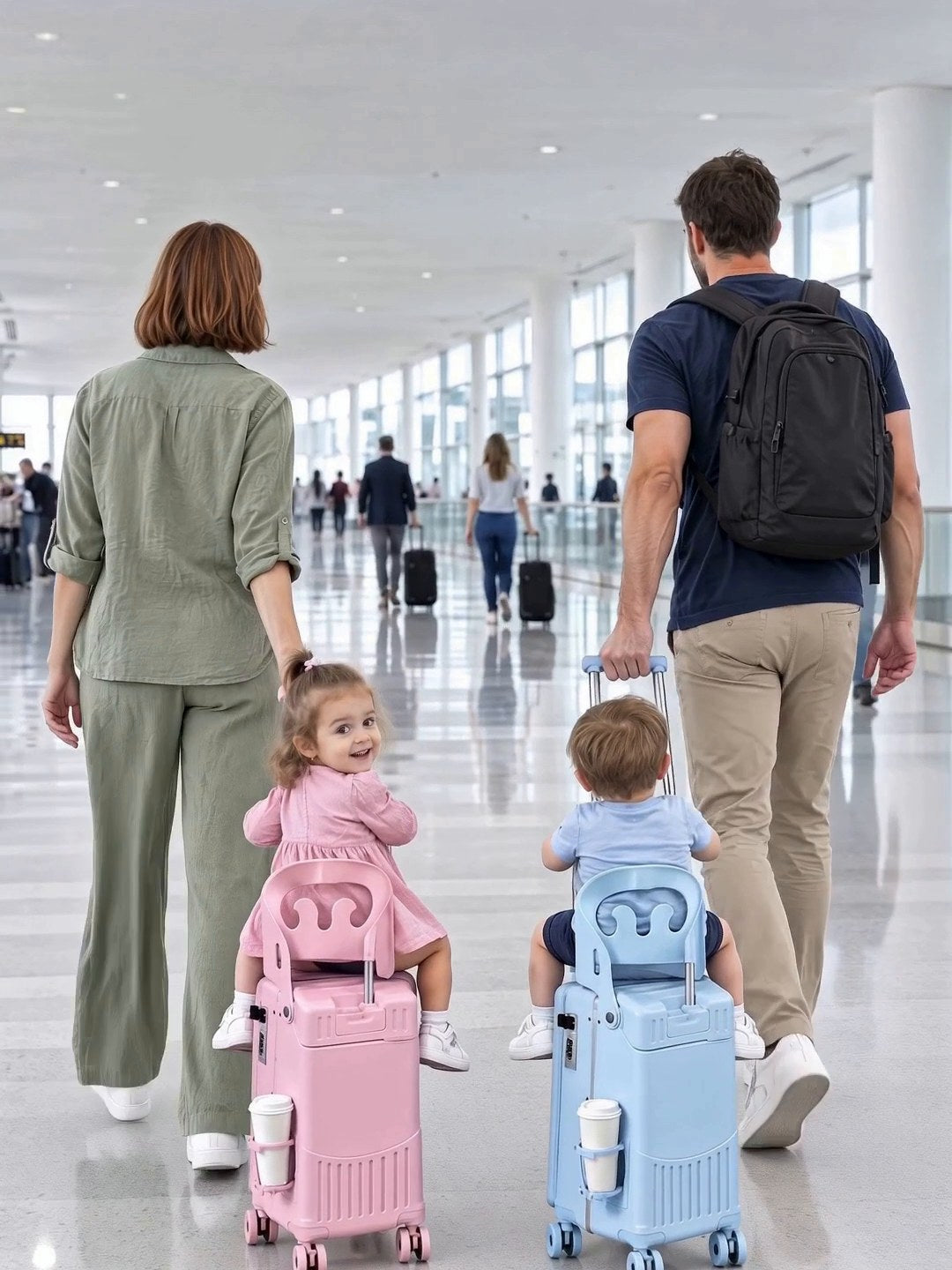 A family walking through the terminal pulling the kids on Rollis