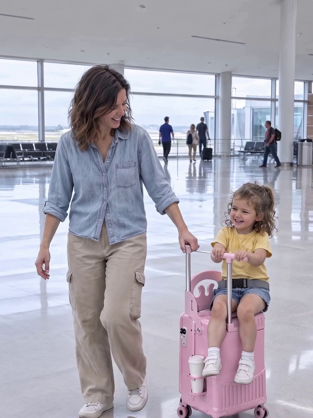Mum pulling her smiling daughter on a pink Rolli